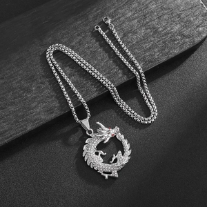 Hip-hop silver dragon pendant necklace with red crystal eyes and sparkling rhinestones