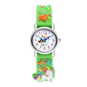 Detail of green silicone strap with 3D unicorn pattern on a kids quartz wrist watch