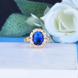 Luxury Royal Blue Oval Sapphire Zircon Halo Open Ring For Women Vintage Gold Plated Copper Wedding Engagement Jewelry