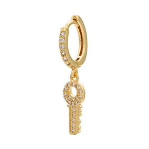 Detail of gold-plated key charm earring with micro-pave white cubic zirconia crystals