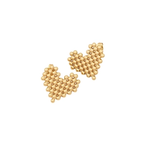 Golden mosaic heart stud earrings with beaded texture on white background