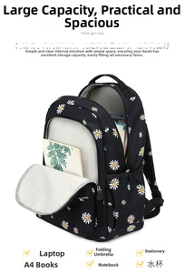 Detailed view of the daisy print backpack showing spacious front pocket storage capacity