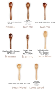 Various sizes of Nanmu and Lotus wood spoons for kitchen use displayed in a neat grid