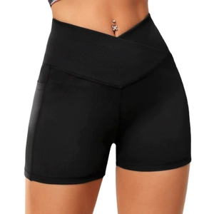 Women's high waist crossover yoga shorts in black with side pockets for gym workouts