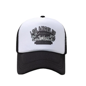 Classic black and white trucker hat with Los Angeles California palm tree print design