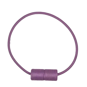 Purple magnetic curtain tieback with woven rope and cylindrical buckle on white background