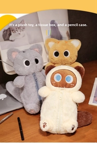 Three plush cat-shaped tissue boxes and pencil cases in grey, orange and white colors
