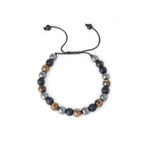 Adjustable tiger eye beaded bracelet with matte black onyx and magnetic hematite beads