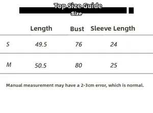 Detailed size chart for cropped knit T-shirt including bust, length, and sleeve measurements