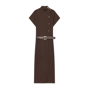 Robe Midi Sans Manches Avec Boutons En Métal Doré Col Montant Couleur Unie Marron Café Élégant Style Femme Avec Ceinture