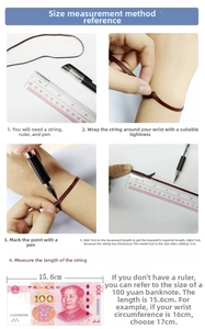 Size guide with 4-step instructions for measuring wrist circumference for tennis bracelets