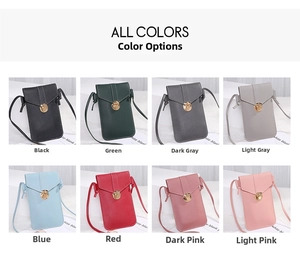 Collage of eight colors of faux leather crossbody phone bags with round metal buckles