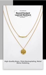 Detail of a layered gold brass necklace featuring a hammered coin pendant and mirror polish