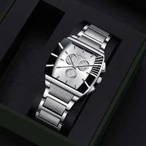 Square silver business watch for men with steel mesh strap and three-eye dial in gift box