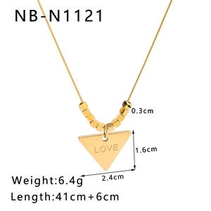Detail of 18K gold plated stainless steel triangle pendant with LOVE engraving