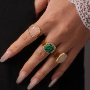 Vintage PVD gold rings set with square pink, green malachite, and white stones