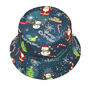 Dark blue Christmas bucket hat with Santa and snowman prints and Merry Christmas text
