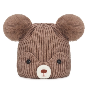 Brown knit baby winter hat with double pom-pom bear ears and cute embroidered face