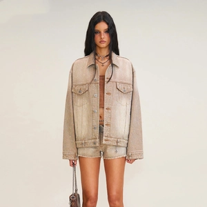 Front view of light brown rhinestone denim set featuring oversized jacket and frayed shorts