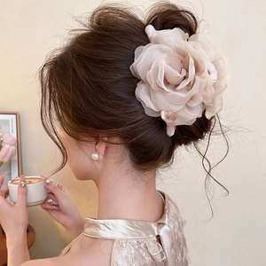 Elegant rose chiffon hair claw clip with pearls for women's French style hair styling