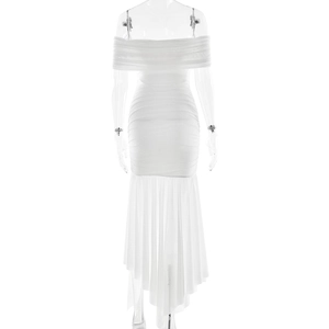 Detail of white strapless ruched dress with irregular tulle hem and flowing ribbons