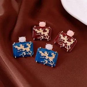 Vintage Rectangular Earrings With Enamel Plum Blossom And 925 Sterling Silver Earring Post Retro For Women