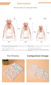 Size comparison chart for floral organza drawstring bags in small, medium, and large
