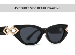 Detail view of cat-eye sunglasses with golden metal hinges and polished black frame