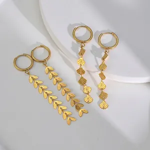 Stainless Steel Gold Hoop Drop Earrings Shell Wheat Ear Leaf Tassel Dangle Earrings For Women Western Elegant Jewelry