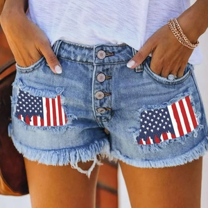 Women High Waist Denim Shorts Distressed Multi Button Frayed Hem American Flag Patch Letter Print Streetwear