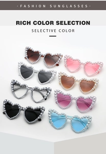 Rich color selection of heart-shaped sunglasses with pearl embellished frames