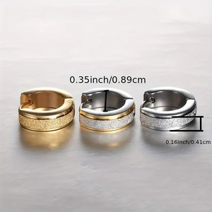 Frosted stainless steel hoop earrings in gold and silver finishes, shown with dimensions