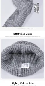 Close-up of gray knitted winter scarf and beanie showing soft lining and dense knit texture