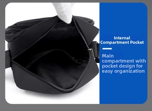 Detail shot of the internal compartments and lining of the waterproof black crossbody bag