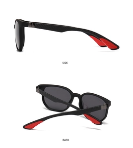 Detail of polarized sunglasses featuring carbon fiber texture and red non-slip pads