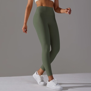 Side view of army green high-waisted yoga leggings with professional compression fit