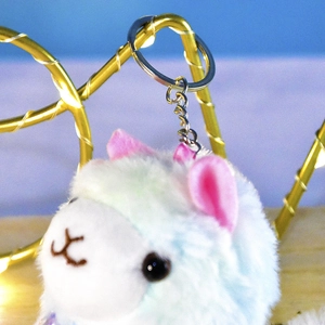 Detailed close-up showing the fluffy rainbow texture of a cute cat plush pendant