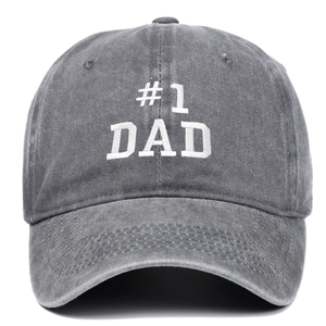 Vintage dark gray washed cotton baseball cap with white #1 DAD embroidery on front