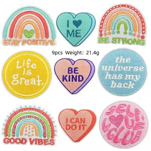 Set of 9 macaron-colored embroidery patches featuring rainbow and heart designs