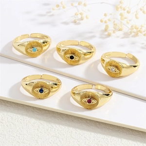 5-piece gold adjustable evil eye ring set featuring colorful zircon stones on a white base