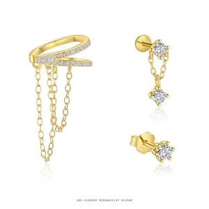 Three-piece S925 sterling silver gold stud earrings set with zircon and fringe chain detail