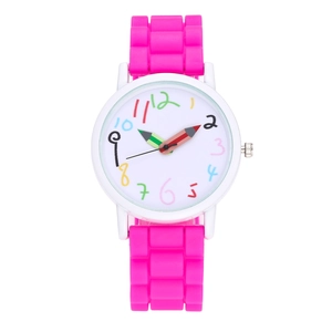 Detailed view of white cartoon watch with pink silicone strap and colorful pencil hands