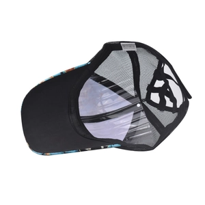 Detail of mesh trucker hat featuring a floral brim and elastic ponytail cross bands