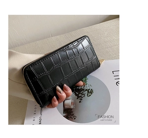 Detailed view of crocodile texture on black PU leather wallet with a golden zipper