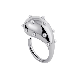 Silver streamline open ring with polished metal bead texture on a bright white background