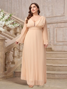 Elegant plus size apricot V-neck maxi pleated chiffon evening dress with long sleeves