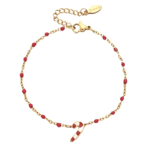 Golden stainless steel Christmas bracelet with red beads and candy cane pendant charm