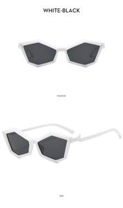 Detailed views showing the white frame and black lenses of polygonal fashion sunglasses