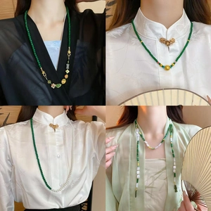 Vintage Chinese Style Necklace With Emerald Green Beads Artificial Pearl And Alloy Ruyi Lock Pendant For Women Hanfu Accessory