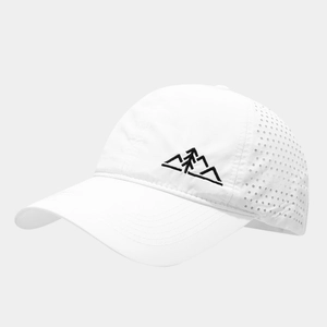 Quick-dry white baseball cap with mountain embroidery and laser-cut vents for sports